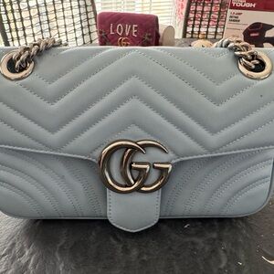 Gucci Light Blue Quilted Chevron Shoulder Bag with Silver Double G